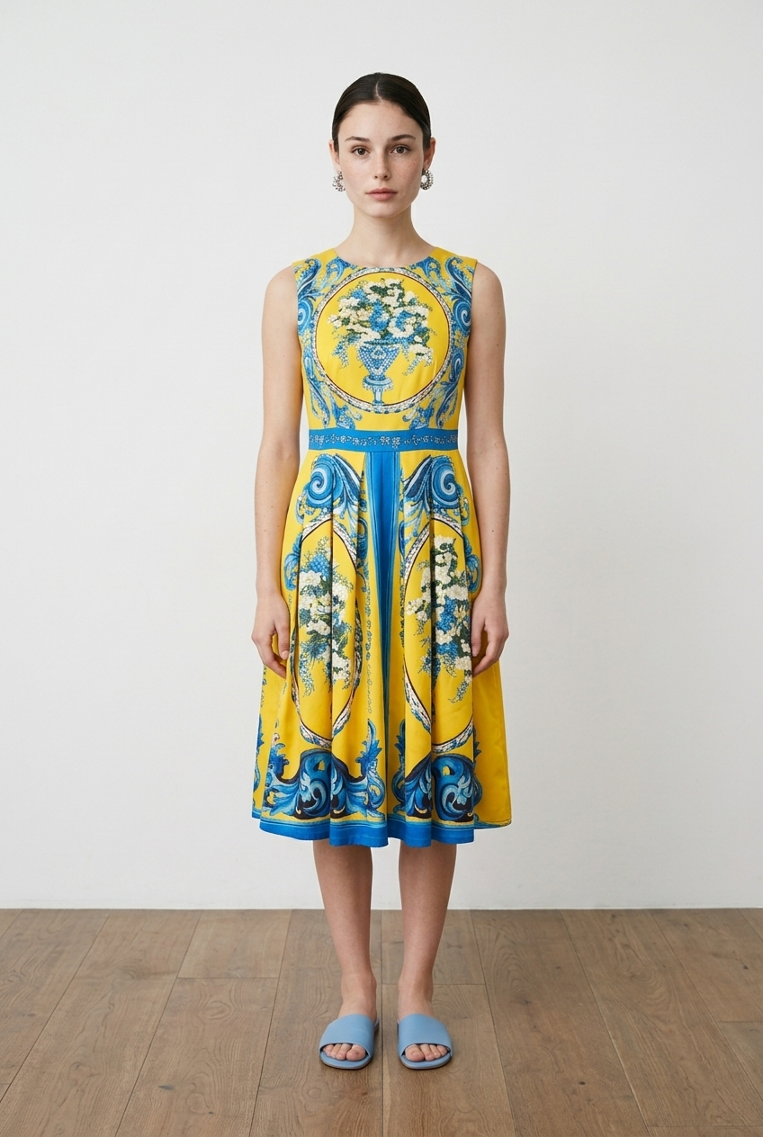 Robe Gucci Yellow Baroque Floral Urn Print Midi